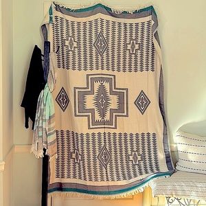 La Jolla SxSW Blanket Anthropologie Organic Cotton Natural Gray Turquoise 2 Side